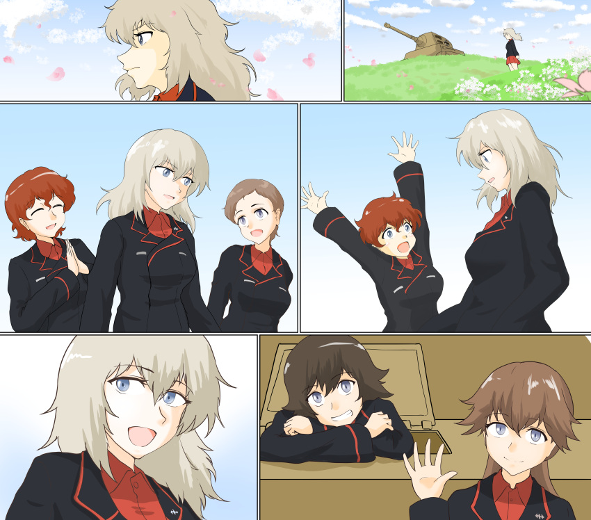 5girls :d absurdres akaboshi_koume arms_up black_jacket blue_eyes brown_hair cherry_blossoms commentary dress_shirt eyebrows_visible_through_hair facing_another falling_petals girls_und_panzer grey_eyes grey_hair ground_vehicle hair_between_eyes highres itsumi_erika itsumi_erika's_loader jacket kojima_emi kuromorimine_military_uniform long_sleeves looking_at_another mashalxxxxxx mauko_(girls_und_panzer) military military_vehicle motor_vehicle multiple_girls petals red_shirt scene_reference shirt short_hair smile tank tiger_ii wavy_hair wing_collar