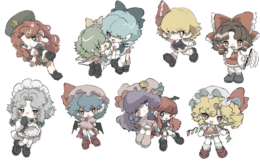 6+girls bat_wings blonde_hair blue_hair book bow braid broom chibi cirno crescent daiyousei dress embodiment_of_scarlet_devil flandre_scarlet green_eyes hair_bow hair_tubes hakurei_reimu hat highres hong_meiling ice ice_wings inkopiko izayoi_sakuya koakuma long_hair looking_at_viewer maid maid_headdress multiple_girls patchouli_knowledge purple_eyes purple_hair red_eyes red_hair remilia_scarlet rumia shoes short_hair short_sleeves star_(symbol) touhou twin_braids white_background wings