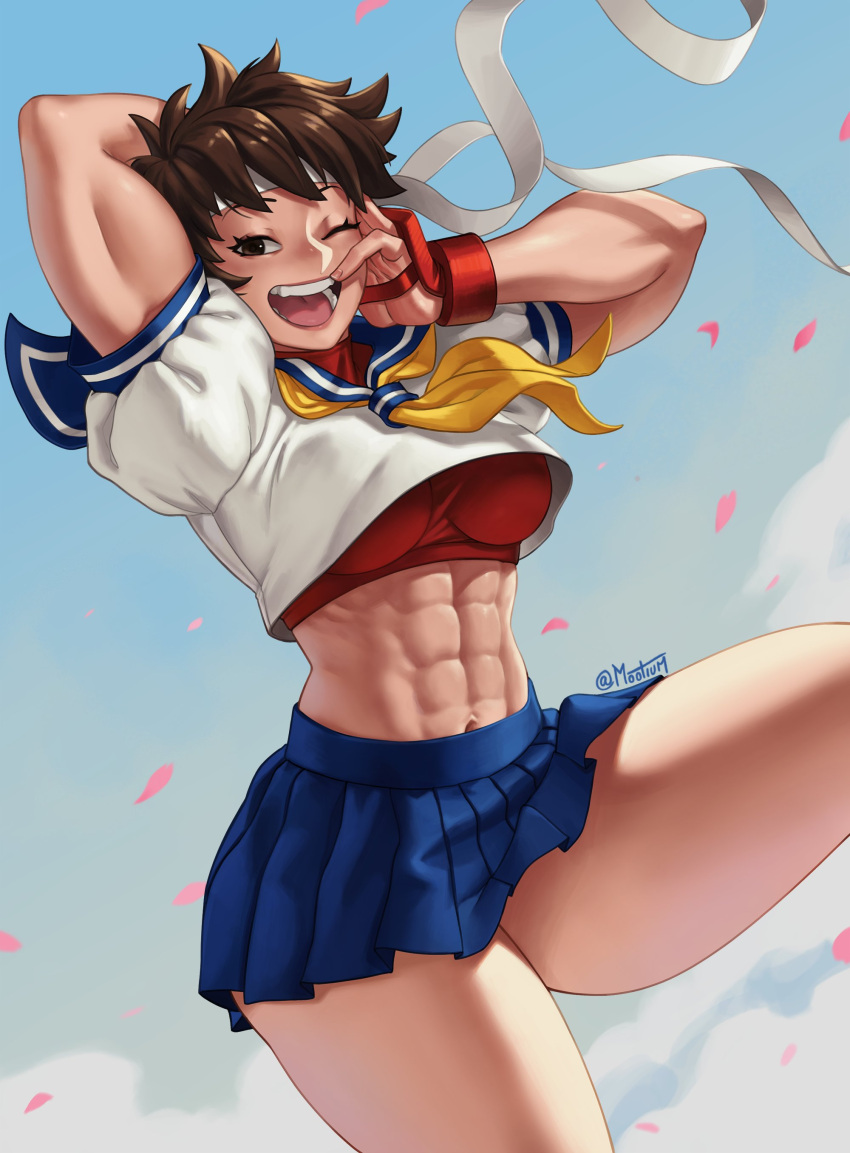 1girl abs absurdres bandana biceps brown_eyes brown_hair cherry_blossoms cloud gloves hand_on_own_face highres kasugano_sakura mootium muscular muscular_female one_eye_closed open_mouth school_uniform short_hair skirt sky sports_bra sportswear street_fighter street_fighter_6 street_fighter_v