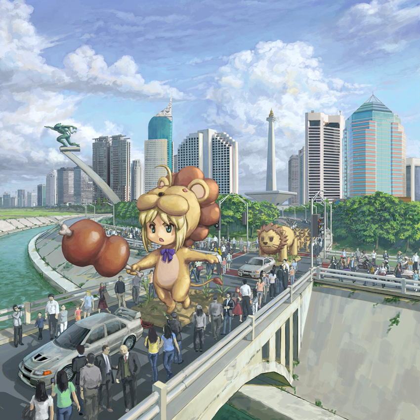 animal_costume artoria_pendragon_(fate) blonde_hair bow bridge building camera car cloud denim evokid food formal grass green_eyes ground_vehicle hat highres jeans lamppost lion lion_costume lion_tail meat mitsubishi_lancer_evolution monumen_nasional motor_vehicle motorcycle necktie pants riverbank road saber_lion scenery sky skyline skyscraper statue statue_of_dirgantara suit tail traffic_light tree type-moon vest