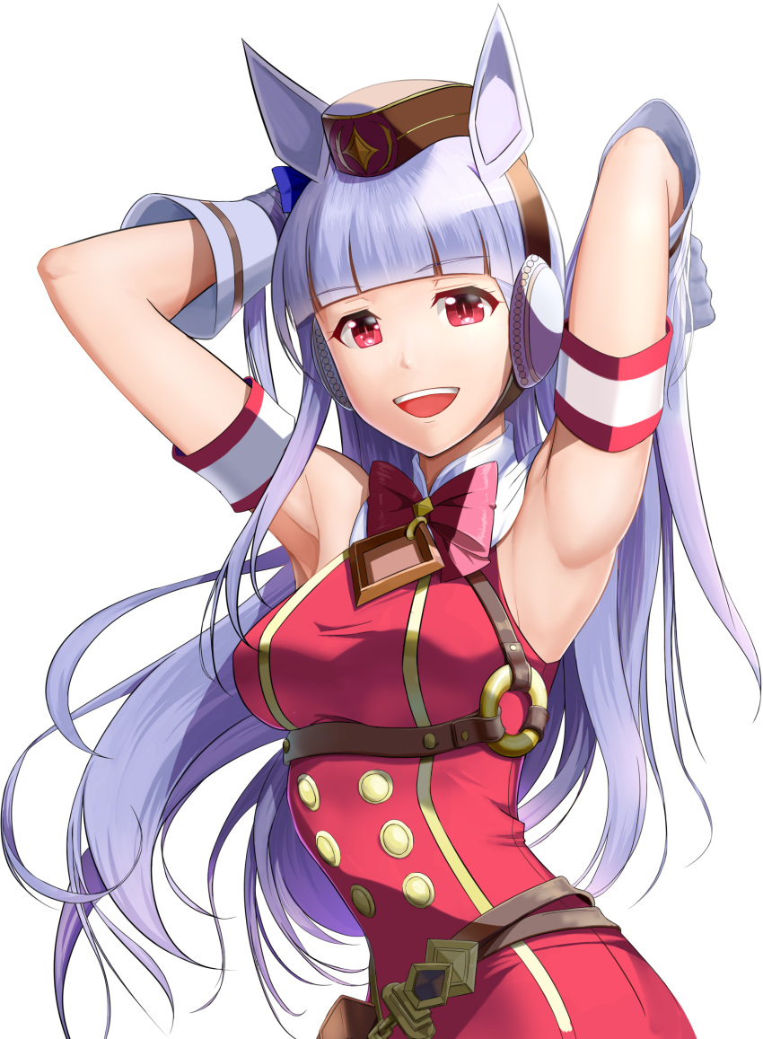 1girl :d absurdres animal_ears armband armpits arms_up bangs bare_shoulders belt blunt_bangs bow bowtie breasts brown_belt brown_headwear commentary_request dress earmuffs eyebrows_visible_through_hair gloves gold_ship_(umamusume) grey_hair highres horse_ears long_hair looking_at_viewer medium_breasts open_mouth pink_bow pink_bowtie red_dress red_eyes simple_background sleeveless sleeveless_dress smile solo taka_(takahirokun) umamusume upper_body very_long_hair white_background white_gloves