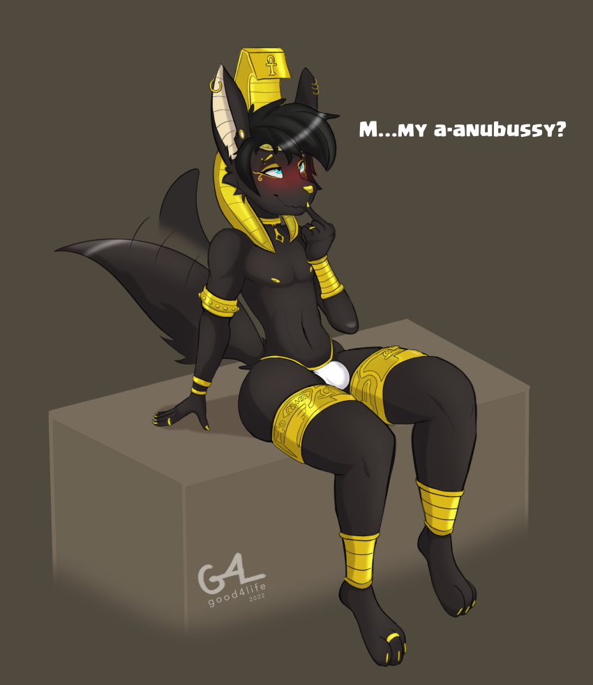 absurd_res ankh anthro anubian_jackal anubis black_body black_fur black_hair blue_eyes blush bracelet bulge canid canine canis clothing collar colored_nails deity ear_piercing ear_ring egyptian_clothing egyptian_mythology fur girly gold_(metal) gold_jewelry good4life4ever hair hi_res jackal jewelry male mammal markings middle_eastern_mythology mythology nails nipples piercing ring_(jewelry) sitting solo tail_motion tailwag thick_thighs thong underwear wide_hips