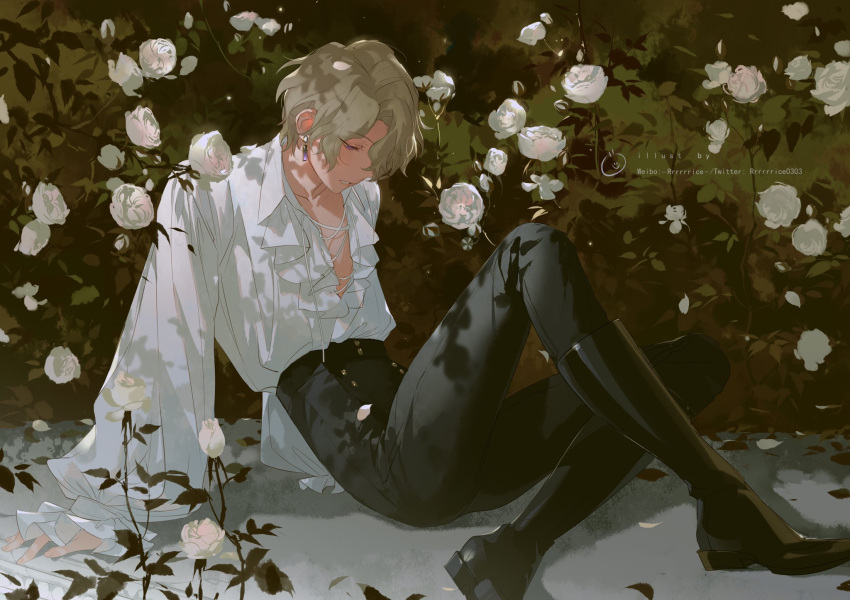 1boy arm_support bangs black_footwear black_pants blonde_hair blush boots bush center_frills collarbone collared_shirt cross-laced_clothes dappled_sunlight dress_shirt ensemble_stars! feet_out_of_frame flower frilled_sleeves frills grey_hair hair_over_one_eye half-closed_eyes highleg highres knee_boots knee_up leaning_back long_sleeves looking_away looking_down male_focus nature on_ground one_eye_covered pants pants_tucked_in parted_lips plant puffy_long_sleeves puffy_sleeves purple_eyes rose rrr_(reason) shirt short_hair sitting solo sunlight tomoe_hiyori web_address white_flower white_rose white_shirt