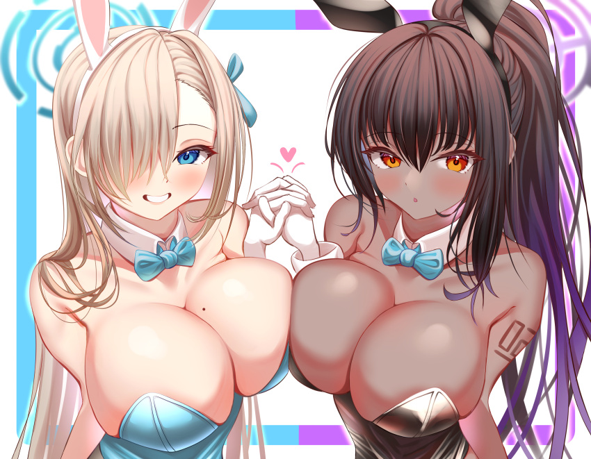 2girls absurdres animal_ears asuna_(blue_archive) azuma_(sospower73) bangs black_hair blue_archive blue_bow blue_bowtie blue_eyes blue_ribbon blush bow bowtie breast_press breasts choker cleavage dark_skin detached_collar elbow_gloves fake_animal_ears gloves gradient_hair hair_over_one_eye hair_ribbon highres karin_(blue_archive) large_breasts leotard light_brown_hair long_hair maid_headdress mole mole_on_breast multicolored_hair multiple_girls neck_ribbon playboy_bunny rabbit_ears ribbon smile swept_bangs symmetrical_docking white_gloves yellow_eyes