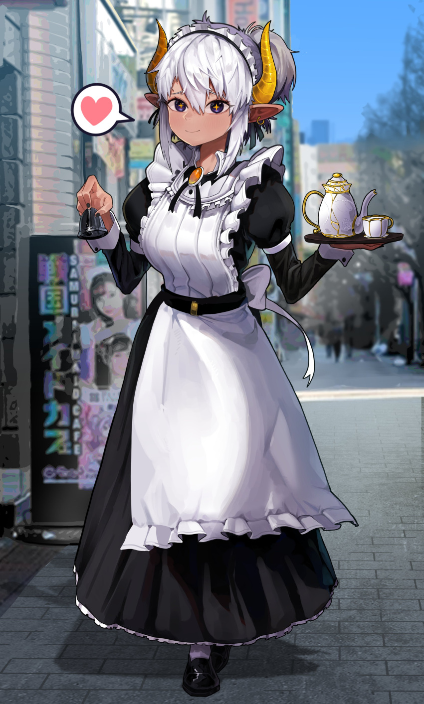 1girl absurdres apron bangs bell black_footwear brooch closed_mouth cup eungi frilled_hairband frills hairband highres holding holding_bell holding_plate horns jewelry long_sleeves looking_at_viewer maid maid_apron original photo_background plate pointy_ears puffy_sleeves purple_eyes solo standing teacup teapot white_hair yellow_horns