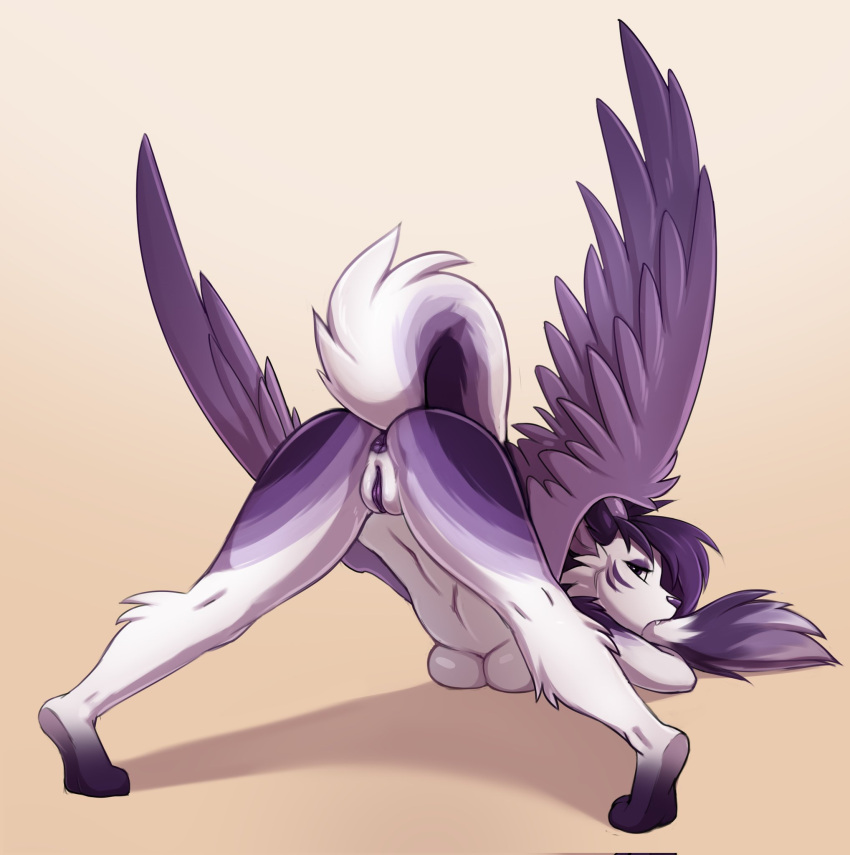 anthro anus ass_up barefoot biped breasts butt canid canine digital_media_(artwork) eyelashes feathered_wings feathers feet female fur genitals hair hi_res hindpaw mammal nude open_mouth paws presenting presenting_anus presenting_hindquarters presenting_pussy purple_anus purple_body purple_eyes purple_fur purple_hair purple_nose purple_pussy pussy shaded simple_background solo tiptoes vtza white_body white_fur wings