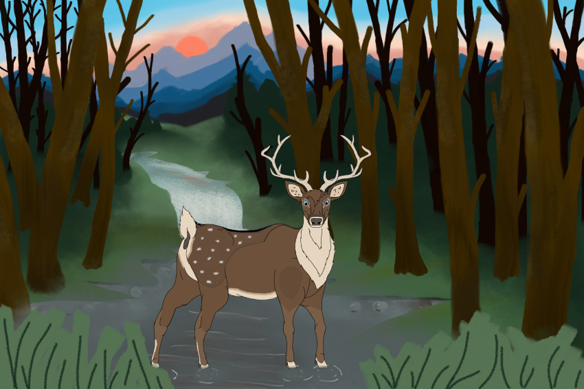 antlers aster_(nexz) black_hair blue_eyes brown_body cervid evergreen_tree feral fur grass hair hi_res hooves horn male mammal mountain nexz pine_tree plant scut_tail short_tail solo spots spotted_body spotted_fur sunset tree water waterfall