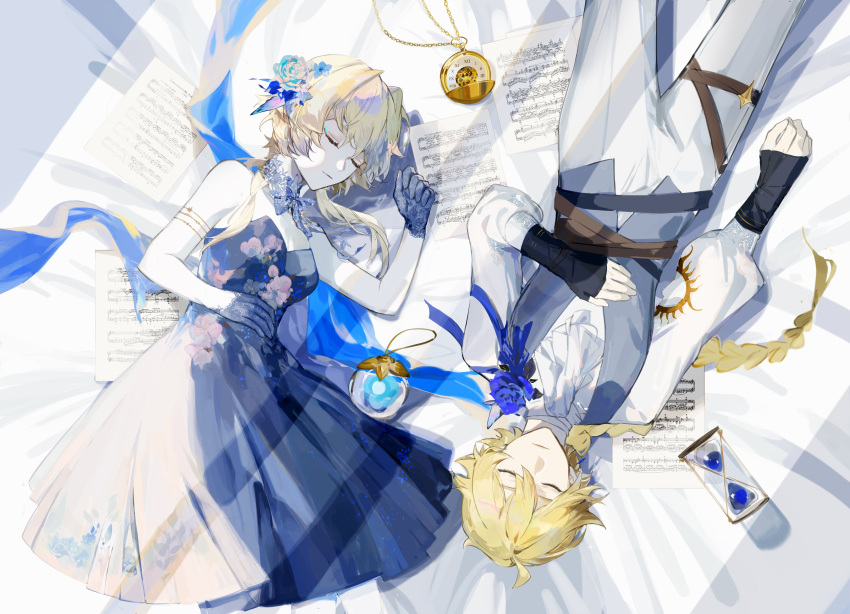 1boy 1girl absurdres aether_(genshin_impact) ahoge aqua_vest armlet ascot bangs blonde_hair blue_dress blue_gloves boutonniere braid braided_ponytail breasts closed_eyes closed_mouth clothing_request crossed_bangs dress esz_(bzsaro01) expressionless facing_viewer flower from_above genshin_impact gloves hair_between_eyes hair_flaps hair_flower hair_ornament hand_on_own_stomach hand_up highres hourglass lace-trimmed_gloves lace_trim lumine_(genshin_impact) medium_breasts messy_hair pants pocket_watch puffy_sleeves roman_numeral sheet_music short_hair_with_long_locks single_braid sleeping strapless strapless_dress watch white_ascot white_pants