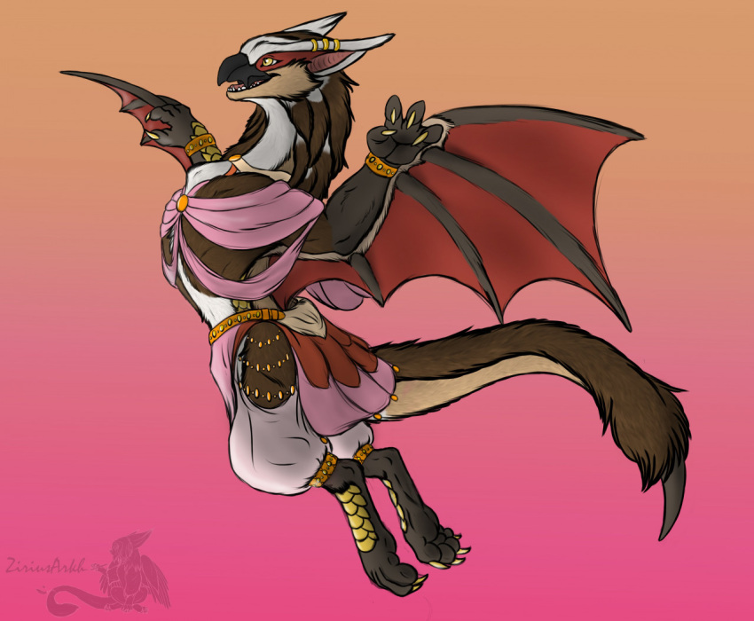 ankle_band anthro belly_dancer_outfit belt bracelet brown_body brown_fur capcom cape claws clothing collar ear_piercing feet fluffy flying_wyvern fur gold_(metal) gold_jewelry gold_scales happy jewelry jumping male membrane_(anatomy) membranous_wings monster_hunter nargacuga oriental_clothing paws piercing pink_clothing scales silk soles solo tan_body tan_fur video_games white_body white_fur wings yellow_eyes zirius