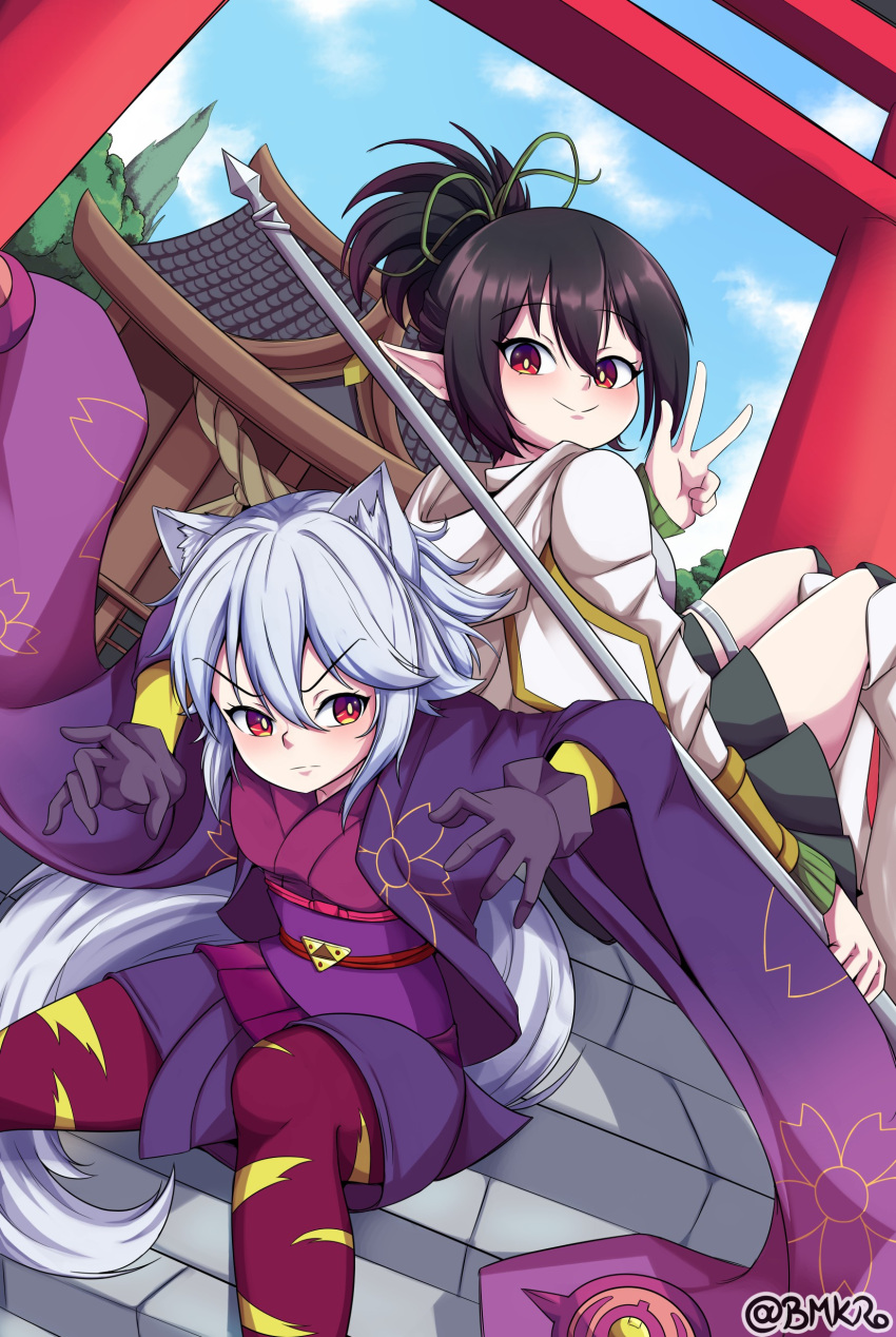 2girls absurdres animal_ears black_hair blush bmkro closed_mouth cosplay duel_monster feet_out_of_frame gloves hair_between_eyes highres inubashiri_momiji japanese_clothes multiple_girls no_hat no_headwear pointy_ears ponytail red_eyes shameimaru_aya sitting smile touhou v w winda_priestess_of_gusto yu-gi-oh!