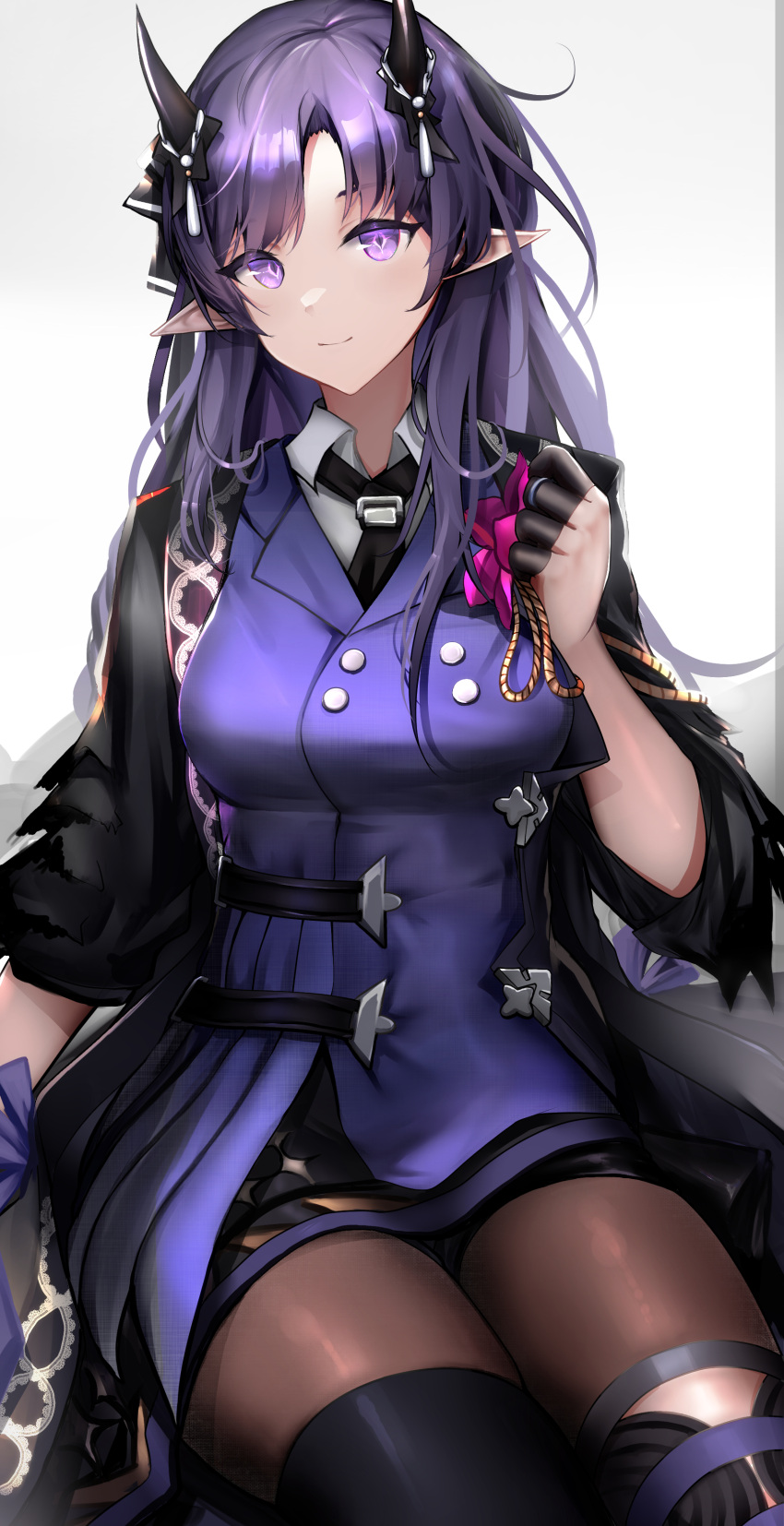 1girl absurdres arknights black_dress black_necktie blush boots collared_shirt diamond-shaped_pupils diamond_(shape) dress hand_up hibiscus_(arknights) hibiscus_the_purifier_(arknights) highres horns long_hair looking_at_viewer necktie nopetroto pantyhose purple_dress purple_eyes purple_hair shirt shirt_under_dress sitting smile solo symbol-shaped_pupils thigh_boots two-tone_dress very_long_hair white_shirt