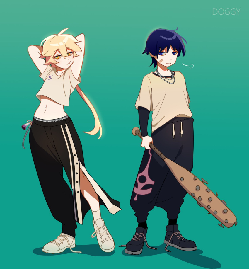 2boys aether_(genshin_impact) alternate_costume androgynous aqua_background asymmetrical_clothes bandaid bandaid_on_cheek bandaid_on_face black_pants blonde_hair club_(weapon) cross-laced_footwear doggy_exe full_body genshin_impact highres holding holding_weapon jewelry long_hair long_sleeves male_focus multiple_boys navel navel_piercing necklace pants parted_lips piercing purple_eyes purple_hair scaramouche_(genshin_impact) short_hair short_sleeves spiked_club standing tassel weapon white_footwear yellow_eyes
