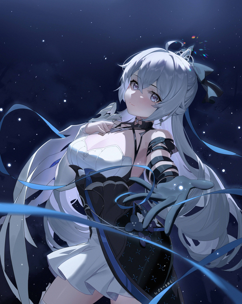 1girl absurdres ahoge bangs blue_bow blue_ribbon bow breasts bronya_zaychik closed_mouth dress earrings frilled_dress frills gloves hair_between_eyes hair_bow highres honkai_(series) honkai_impact_3rd jewelry large_breasts light_purple_eyes long_hair looking_at_viewer ribbon sanmu solo standing white_dress white_hair