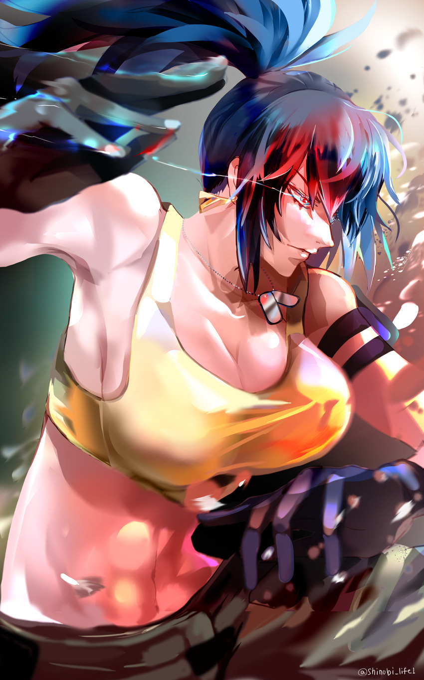 1girl abs absurdres armlet bare_shoulders black_gloves blue_hair breasts cleavage dark_persona dog_tags gloves highres large_breasts leona_heidern midriff multicolored_hair orochi_leona pants ponytail red_eyes red_hair shinobi_life1 tank_top the_king_of_fighters the_king_of_fighters_xv yellow_tank_top