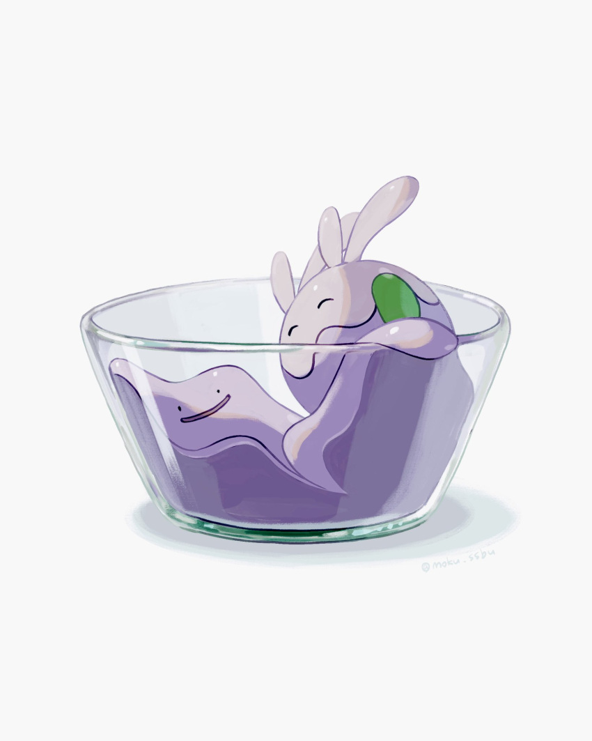 against_glass black_eyes bowl closed_eyes ditto glass glass_bowl goomy highres in_container mokuzou_(moku_ssbu) pokemon pokemon_(creature) smile twitter_username white_background