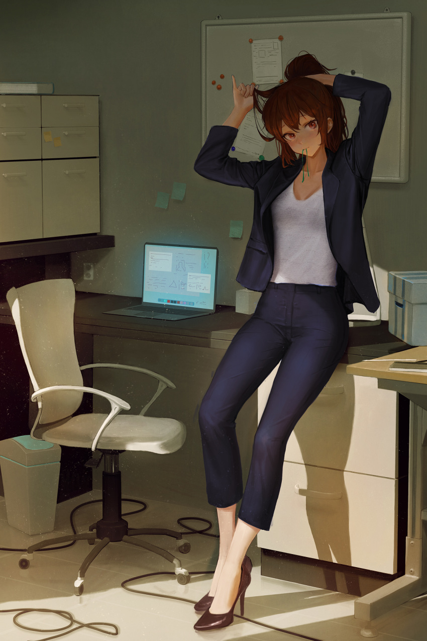 1girl absurdres adjusting_hair arms_up bangs black_footwear black_jacket black_pants blush breasts brown_eyes brown_hair chair cleavage collarbone commentary commission computer cool4noodle full_body high_heels highres indoors jacket laptop leaning_back light long_hair long_sleeves looking_at_viewer mouth_hold office_chair office_lady open_clothes open_jacket original pants ponytail ribbon ribbon_in_mouth shirt shoes smile solo white_shirt