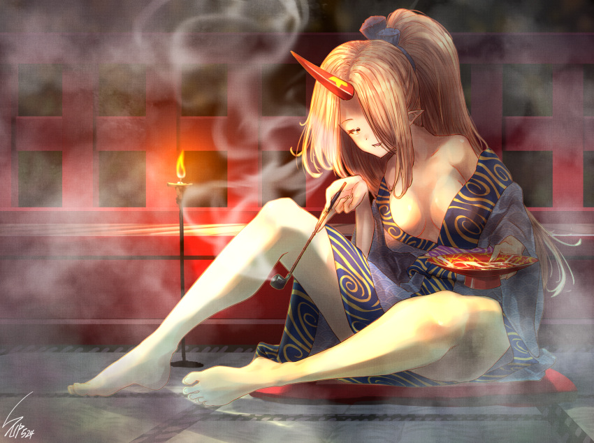 alcohol bangs barefoot blonde_hair breasts candle cleavage commentary_request cup fingernails from_side hair_ornament hair_over_one_eye hair_scrunchie half-closed_eyes highres holding holding_smoking_pipe horns hoshiguma_yuugi japanese_clothes kimono large_breasts legs long_fingernails long_hair long_sleeves looking_at_viewer looking_to_the_side off_shoulder open_clothes open_kimono parted_bangs pointy_ears ponytail red_eyes red_horns sakazuki sake scrunchie seductive_smile sidelocks signature single_horn sitting smile smoking smoking_pipe star_(symbol) star_print sunnysideup talking thighs toes touhou very_long_hair wide_sleeves