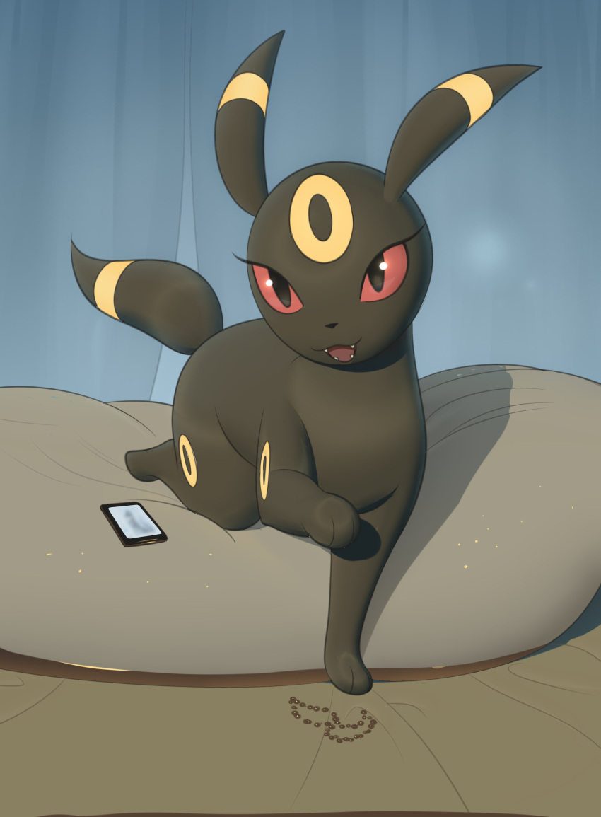 absurd_res ambiguous_gender cellphone cushion eeveelution feral hi_res inkune looking_at_viewer nintendo open_mouth paws phone pok&eacute;mon pok&eacute;mon_(species) sitting smile solo teeth umbreon video_games