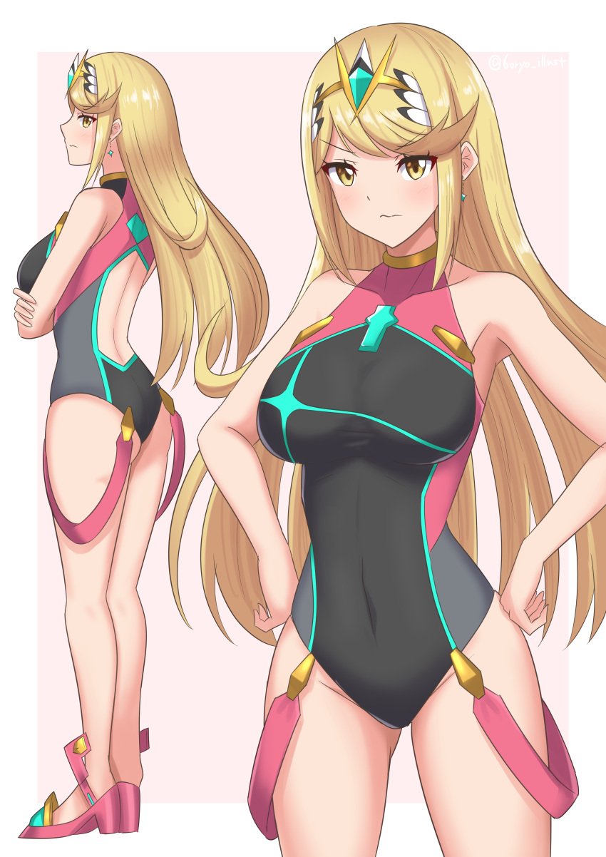 1girl absurdres bangs bare_arms bare_shoulders black_swimsuit blush breasts chest_jewel closed_mouth competition_swimsuit cosplay covered_navel cowboy_shot crossed_arms earrings embarrassed from_side full_body gem hair_ornament hands_on_hips headpiece high_heels highres jewelry large_breasts long_hair looking_at_viewer mythra_(xenoblade) one-piece_swimsuit pyra_(pro_swimmer)_(xenoblade) pyra_(pro_swimmer)_(xenoblade)_(cosplay) red_footwear red_swimsuit ryochan96154 shy smile solo swept_bangs swimsuit tiara two-tone_swimsuit very_long_hair xenoblade_chronicles_(series) xenoblade_chronicles_2 yellow_eyes