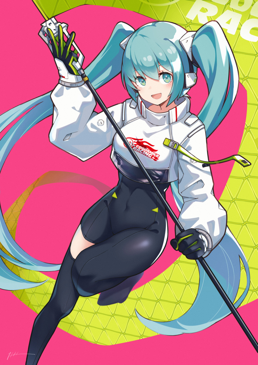 1girl absurdres asymmetrical_bodysuit asymmetrical_clothes black_gloves bodysuit breasts covered_navel cropped_jacket flagpole gloves green_gloves hatsune_miku high_collar highres holding holding_pole itou_kazuki knee_up long_sleeves medium_breasts pole racing_miku racing_miku_(2022) single_pantsleg single_thighhigh solo thighhighs two-tone_gloves vocaloid