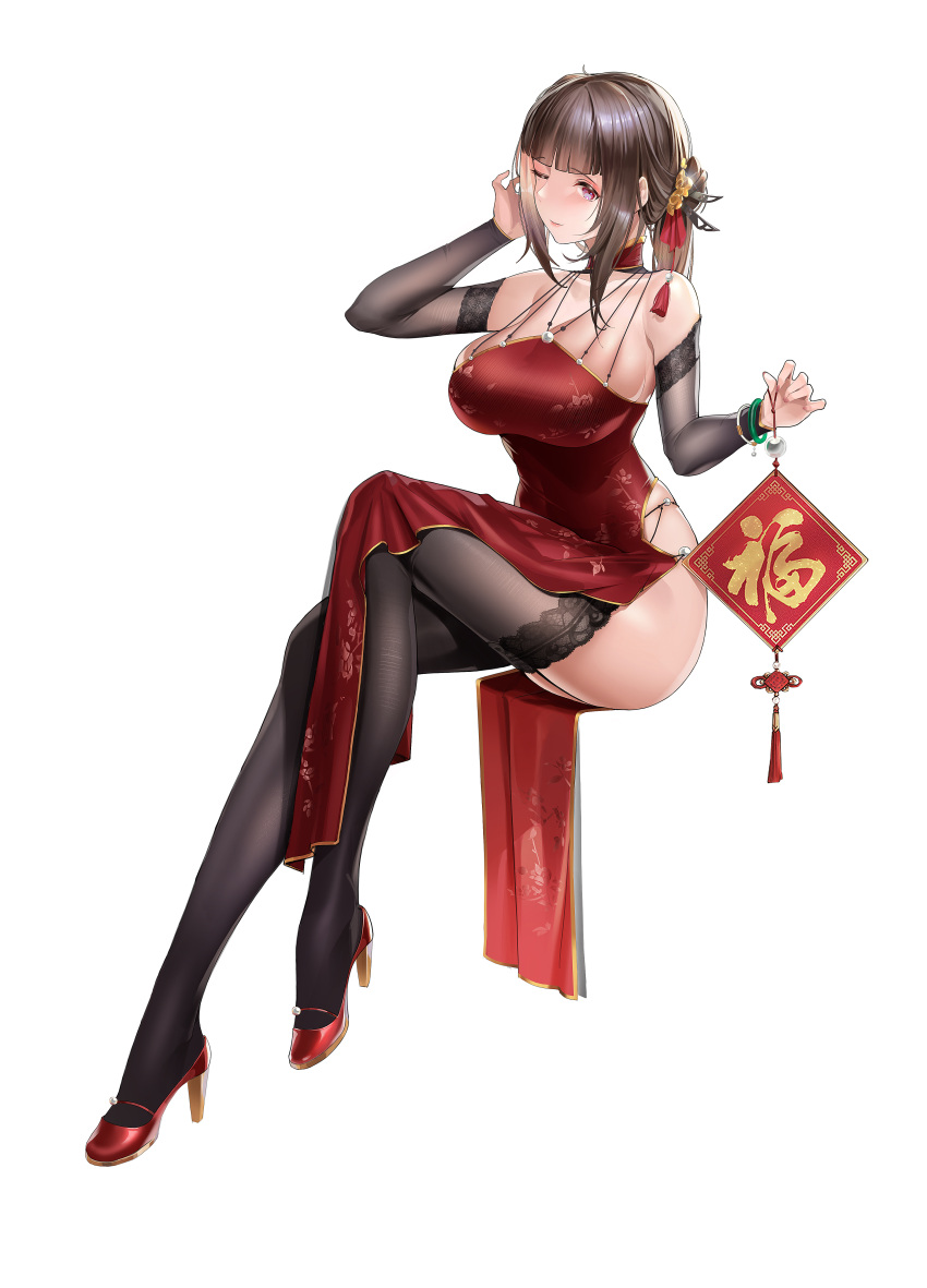 1girl absurdres arm_behind_head bangs bare_shoulders black_legwear blush breasts brown_hair character_request china_dress chinese_clothes chinese_commentary closed_mouth dress elbow_gloves eyebrows_visible_through_hair full_body gloves high_heels highres holding huo_de_xiaosa_qie_shoufa_l large_breasts lips long_hair looking_at_viewer one_eye_closed purple_eyes red_dress red_footwear sitting solo thighhighs thighs warship_girls_r white_background