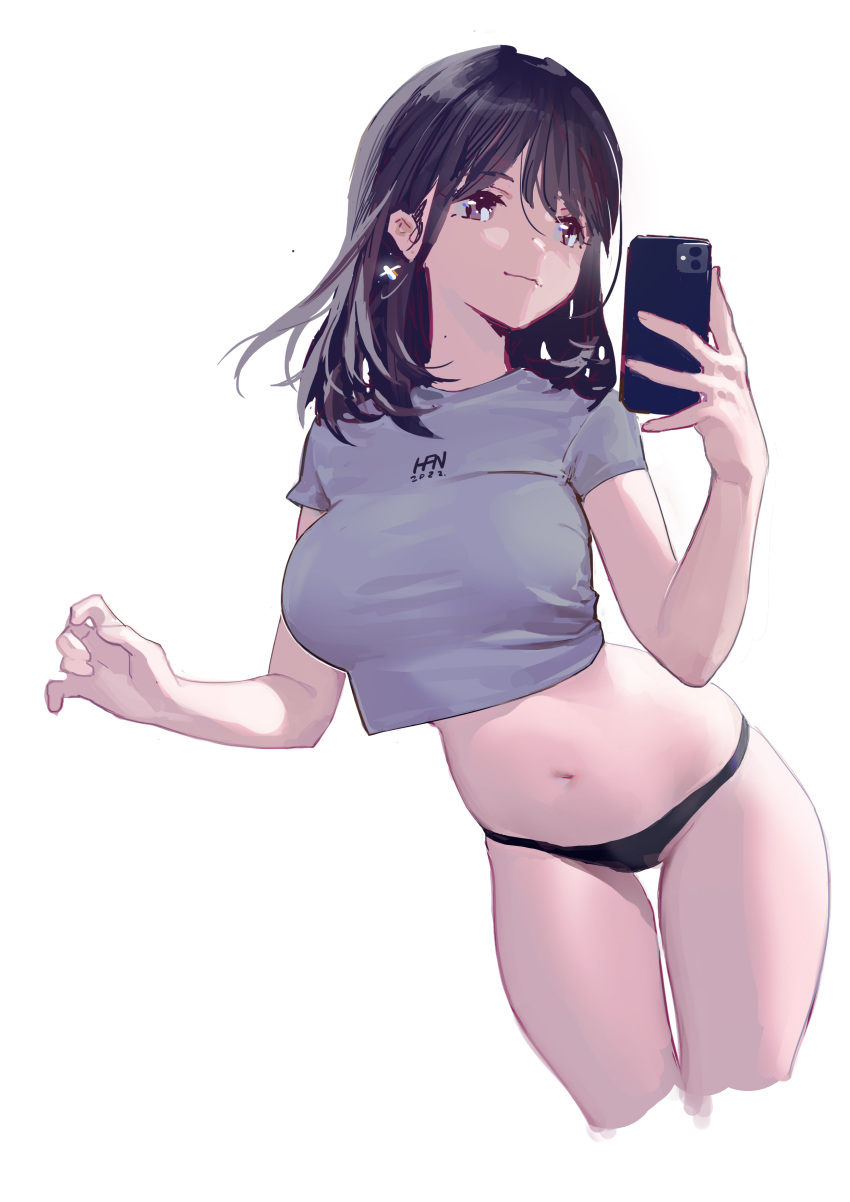 1girl absurdres bangs black_panties breasts brown_eyes brown_hair cellphone chinese_commentary closed_mouth commentary_request crop_top earrings grey_shirt han-0v0 highres holding holding_phone jewelry large_breasts long_hair mole mole_on_neck navel original panties phone shirt short_sleeves simple_background smartphone smile solo stomach underwear white_background