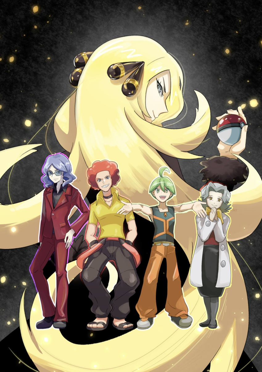 2girls 3boys :d aaron_(pokemon) afro ahoge baggy_pants belt bertha_(pokemon) black_footwear black_shirt blonde_hair choker closed_mouth coat collared_shirt commentary_request cynthia_(pokemon) flint_(pokemon) green_hair grey_eyes grey_hair grey_legwear grin hair_ornament hands_up highres holding holding_poke_ball jacket long_sleeves lucian_(pokemon) mochiko_(mochi373pk) multiple_boys multiple_girls orange_pants own_hands_together pants pantyhose poke_ball poke_ball_(basic) pokemon pokemon_(game) pokemon_dppt red_jacket red_pants red_shirt sandals shirt shoes short_hair skirt smile teeth toes white_coat yellow_shirt