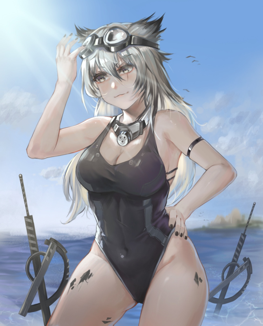 1girl animal_ears arknights arm_strap bangs bare_arms bare_shoulders black_nails blue_sky breasts chinese_commentary cleavage cloud commentary covered_navel cowboy_shot day goggles goggles_on_head grey_eyes grey_hair groin hair_between_eyes hand_on_hip hand_up highres lappland_(arknights) large_breasts long_hair nail_polish oripathy_lesion_(arknights) planted planted_sword sky smile solo standing sword thighs water weapon wolf_ears yu_ruo