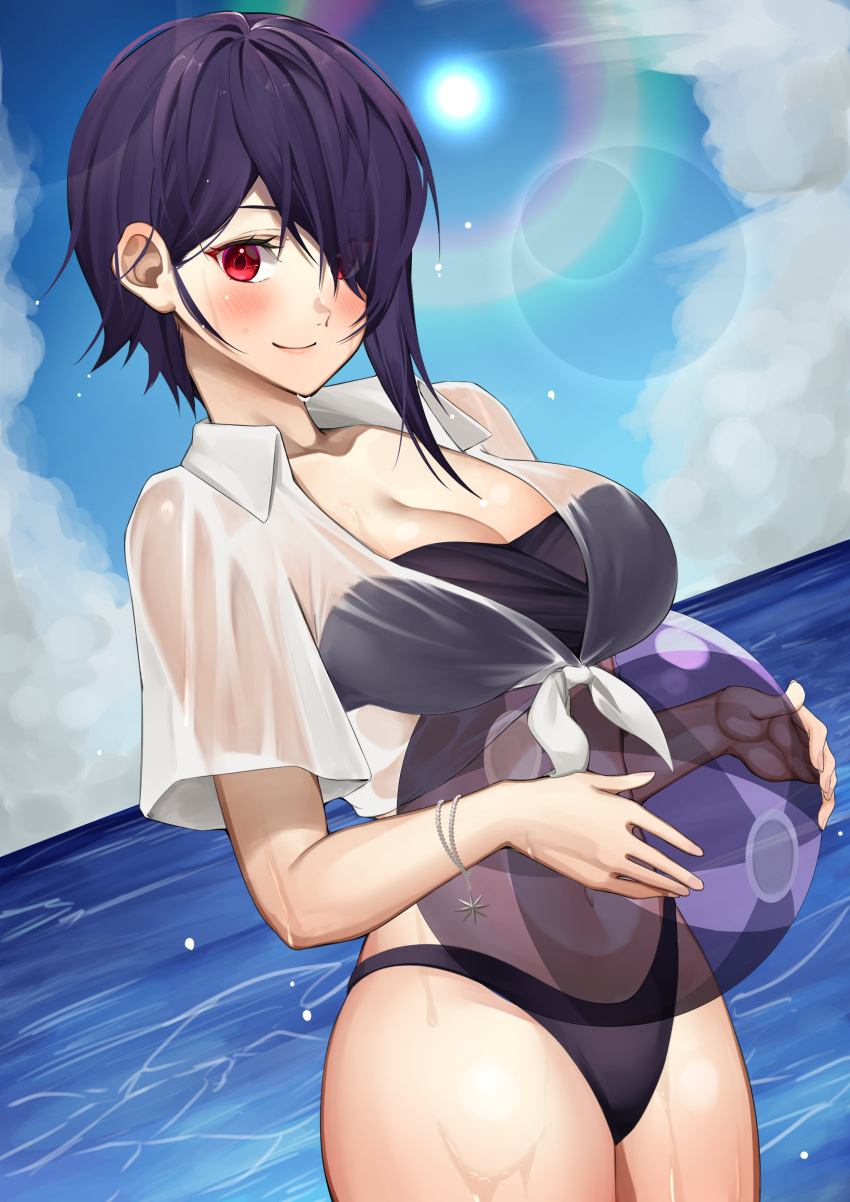 1girl absurdres aogiri_koukou_game_club ball bangs beachball bikini black_bikini blue_sky blush bracelet breasts cleavage closed_mouth cloud cowboy_shot crop_top eyes_visible_through_hair front-tie_top hair_over_one_eye highres holding holding_ball holding_beachball jewelry large_breasts lens_flare navel otodama_tamako purple_hair see-through shirt short_hair short_sleeves sky smile solo standing swimsuit transparent wet wet_clothes wet_shirt white_shirt yuya_(pixiv37335712)