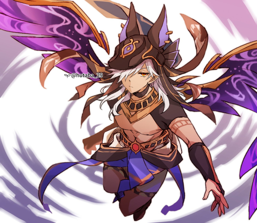 1boy androgynous animal_ears animal_hat arabian_clothes belt bishounen black_choker black_gloves bridal_gauntlets choker cyno_(genshin_impact) dark-skinned_male dark_skin genshin_impact gloves hair_over_one_eye hat highres hutaba_29 jackal_ears long_hair male_focus orange_eyes short_sleeves white_hair wind_glider