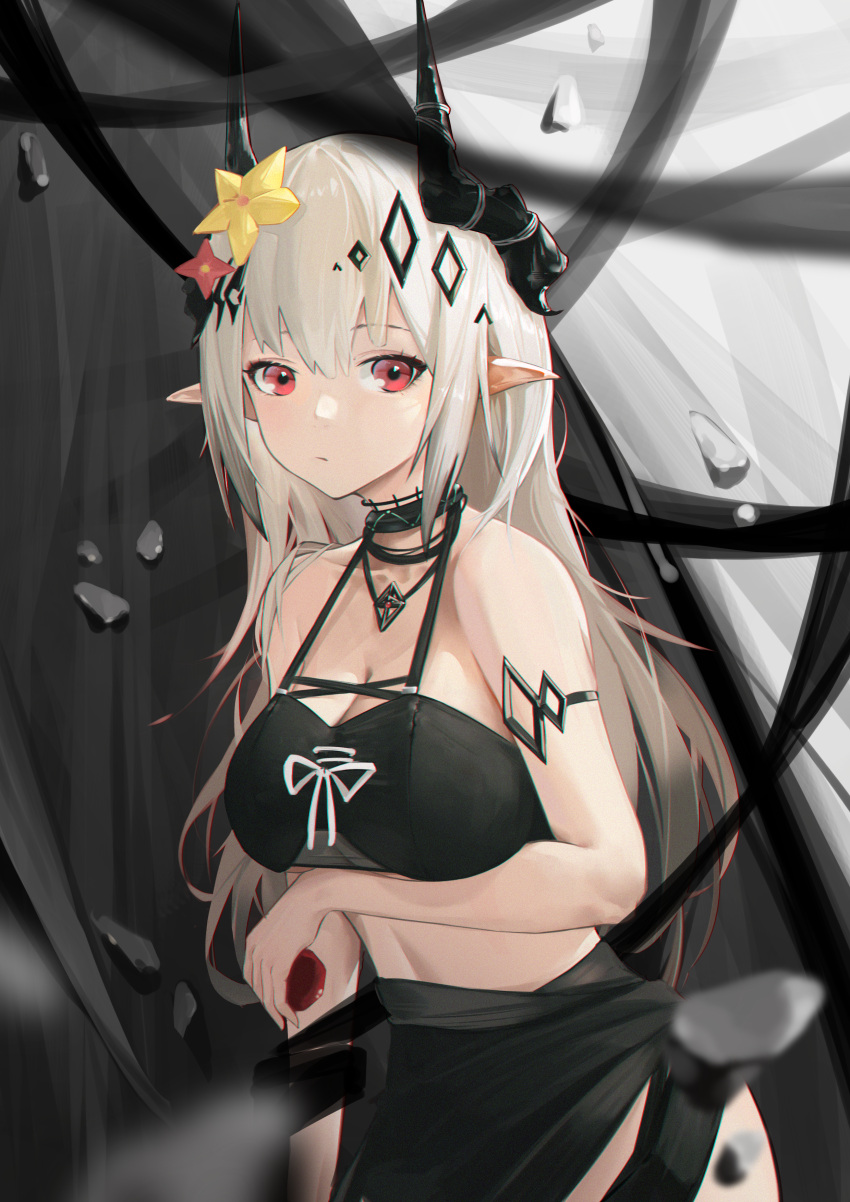 1girl absurdres arknights armlet bare_shoulders black_choker breasts choker cleavage closed_mouth collarbone cowboy_shot floating_rock flower gradient gradient_background grey_hair hair_flower hair_ornament highres holding horns jewelry large_breasts long_hair looking_at_viewer mudrock_(arknights) mudrock_(silent_night)_(arknights) necklace official_alternate_costume red_eyes red_flower sarong solo tkkz white_hair yellow_flower