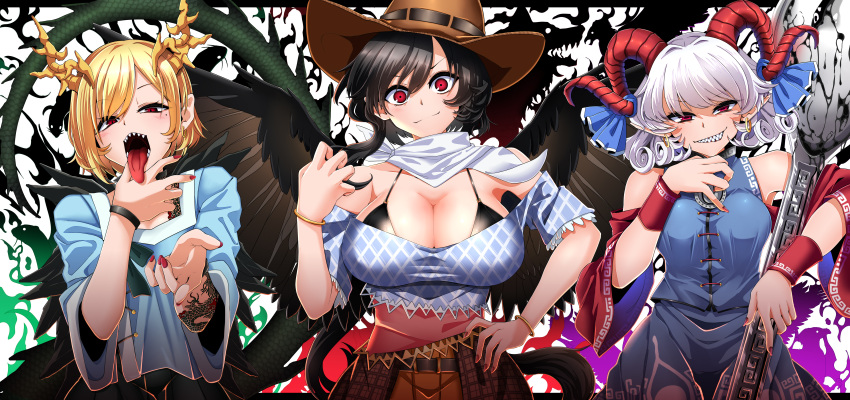 3girls absurdres bandana bangs bare_shoulders belt black_bra black_hair black_wings blonde_hair blue_dress blue_shirt blue_skirt blue_vest blush bra bracelet breasts brown_headwear claw_pose cleavage commentary_request cowboy_hat curly_hair detached_sleeves dragon_horns dragon_tail dress earrings eye_print feathered_wings fingernails hair_between_eyes hat highres holding_spork horizontal_pupils horn_ornament horn_ribbon horns horse_girl jewelry kicchou_yachie kurokoma_saki large_breasts long_fingernails long_hair long_sleeves looking_at_viewer meandros medium_breasts mole mole_under_eye multiple_girls nail_polish off-shoulder_shirt off_shoulder open_mouth oral_invitation orange_skirt oversized_object patterned_clothing pegasus_wings plaid plaid_shirt plaid_skirt pointy_ears ponytail rectangular_pupils red_eyes red_horns red_nails red_sleeves ribbon rihito_(usazukin) sharp_teeth sheep_horns shirt short_hair short_sleeves skirt smile spork tail tattoo teeth tongue tongue_out touhou toutetsu_yuuma turtle_shell underwear unmoving_pattern upper_body utensil vest white_background white_bandana white_hair wings