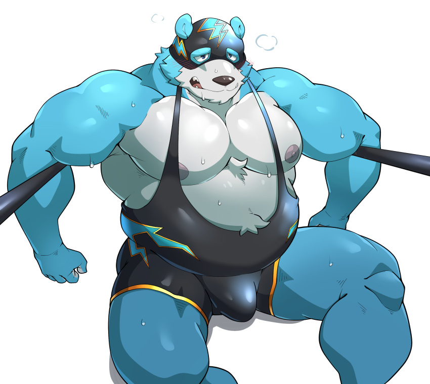 2022 absurd_res anthro belly big_belly black_nose blue_body bodily_fluids bulge hi_res humanoid_hands kemono maldu male mammal mask moobs musclegut nipples overweight overweight_male sitting solo sweat ursid white_body wrestler wrestling_singlet