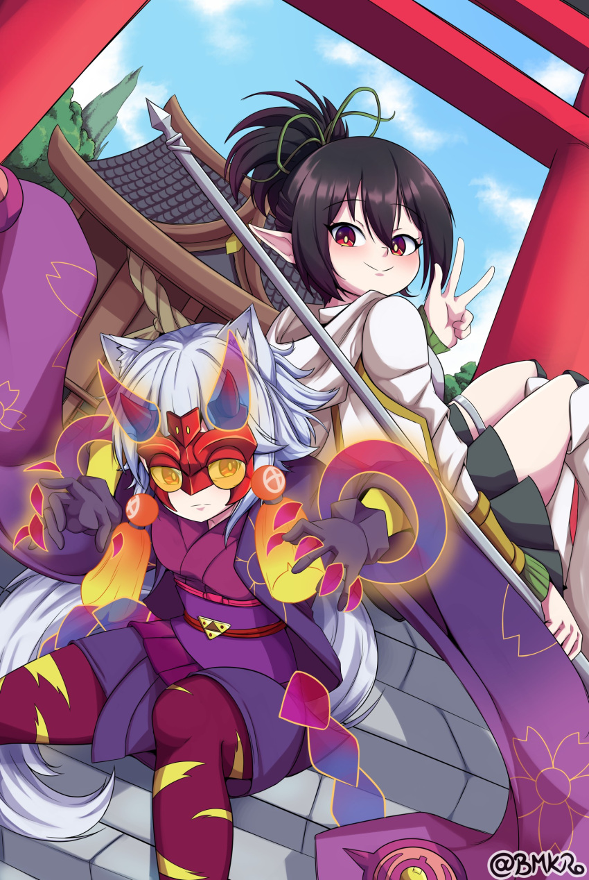 2girls absurdres animal_ears black_hair blush bmkro closed_mouth cosplay duel_monster feet_out_of_frame gloves hair_between_eyes highres inubashiri_momiji japanese_clothes mask multiple_girls no_hat no_headwear pointy_ears ponytail red_eyes shameimaru_aya sitting smile touhou v w winda_priestess_of_gusto yu-gi-oh!