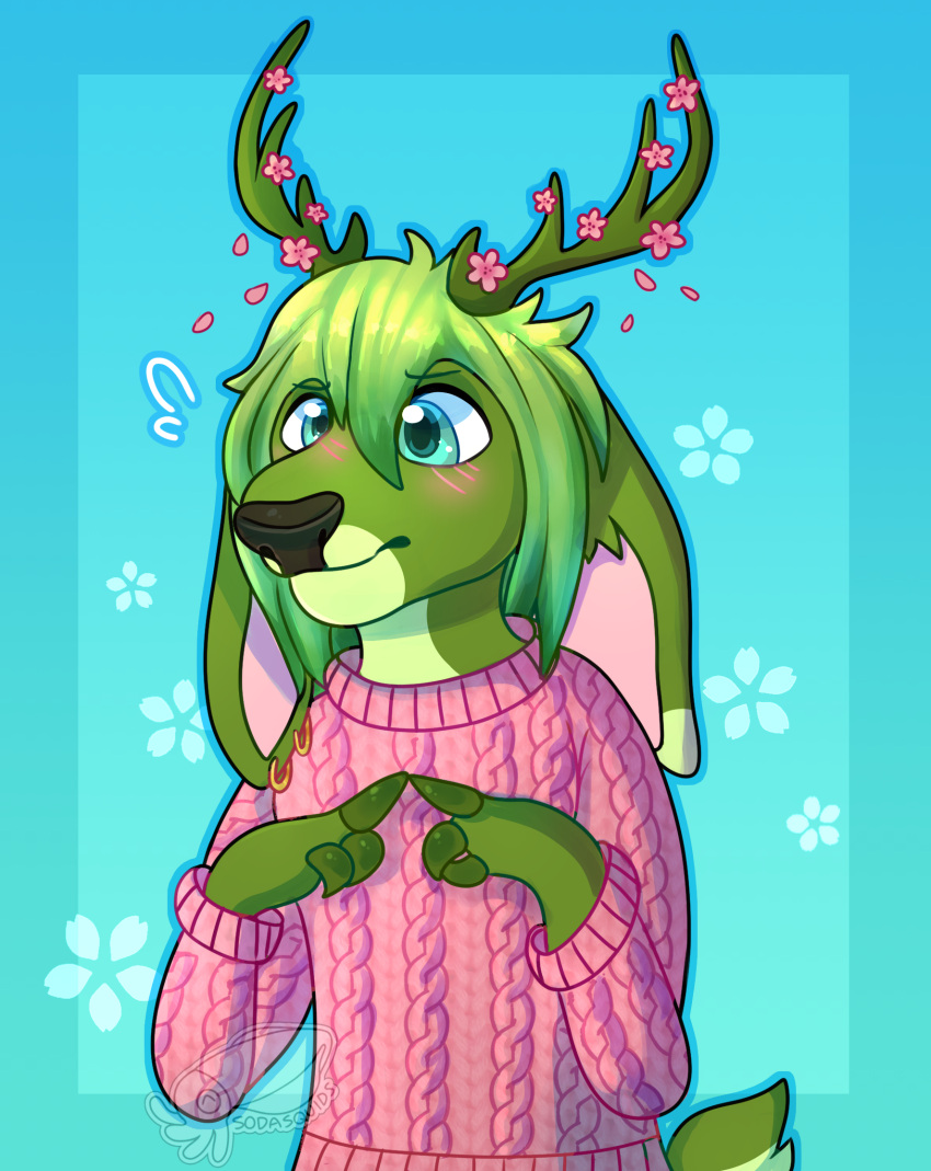 anthro antlers blush cervid cherry_blossom clothing ear_piercing fur green_body green_fur green_hair hair hi_res horn long_ears male mammal nervous piercing plant shy sodasquids solo sweater topwear