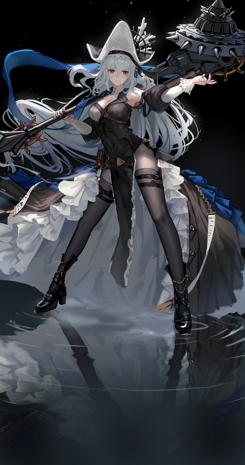 1girl absurdres arknights black_headwear black_legwear circular_saw dress frilled_dress frills grey_hair highres holding holding_weapon huijin_zhi_ling long_hair nail_polish pelvic_curtain red_eyes reflection specter_(arknights) specter_the_unchained_(arknights) staff standing standing_on_liquid two-tone_dress weapon