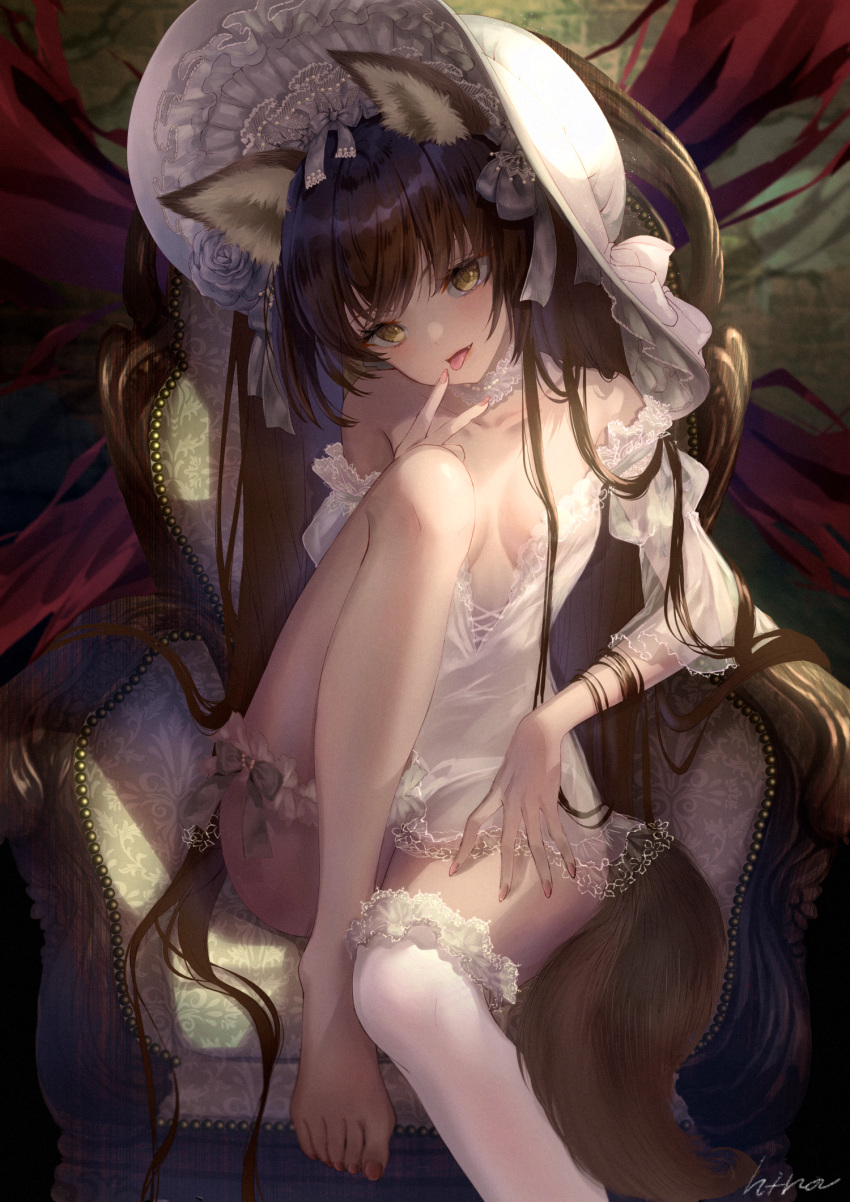 1girl animal_ear_fluff animal_ears armchair bare_shoulders barefoot bonnet breasts brown_hair chair choker cleavage collarbone dress eyebrows_visible_through_hair head_tilt hi-na1 highres knee_up leg_garter long_hair long_sleeves looking_at_viewer medium_breasts off-shoulder_dress off_shoulder open_mouth original signature single_thighhigh sitting solo tail thighhighs toenails tongue tongue_out v v-shaped_eyebrows very_long_hair white_choker white_dress white_headwear white_legwear wolf_ears wolf_girl wolf_tail yellow_eyes