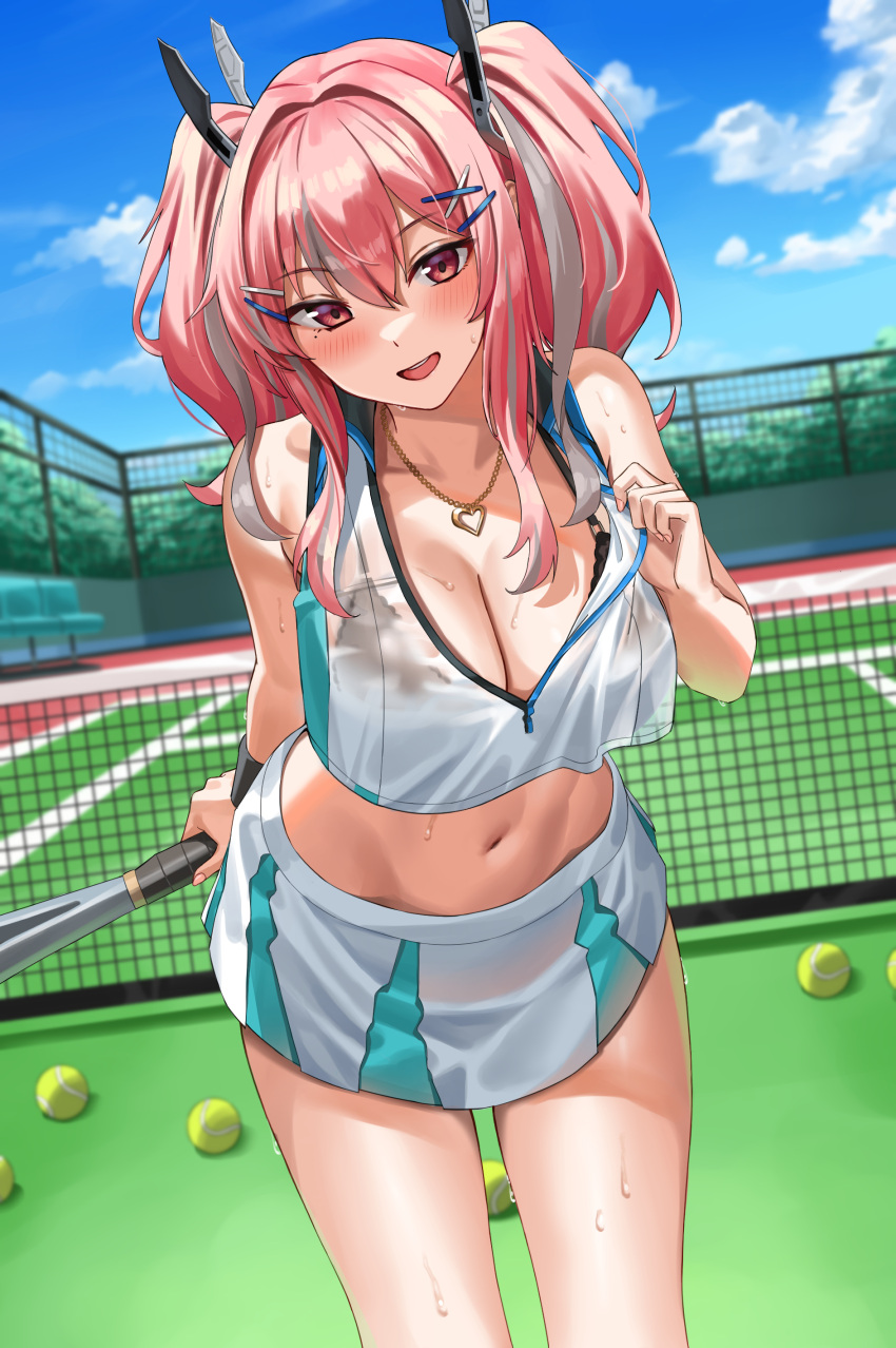 1girl absurdres azur_lane ball bare_shoulders blush bra bra_peek breasts bremerton_(azur_lane) bremerton_(scorching-hot_training)_(azur_lane) cleavage clothes_pull crop_top day fence grey_hair hair_ornament hairclip headgear heart heart_necklace highres holding holding_racket large_breasts leaning_forward long_hair looking_at_viewer midriff miniskirt mole mole_under_eye multicolored_hair navel official_alternate_costume open_mouth outdoors pink_hair racket shirt_pull shocho sidelocks skirt solo sportswear stomach streaked_hair sweat tennis_ball tennis_court tennis_uniform thighs twintails two-tone_hair underwear wristband x_hair_ornament