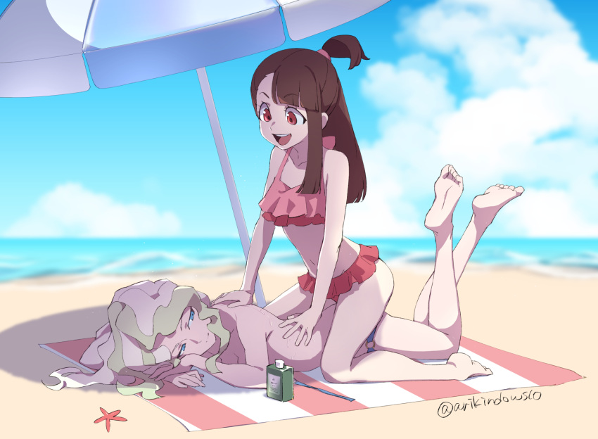 2girls applying_sunscreen arikindows10 artist_name beach beach_towel beach_umbrella bikini bikini_top_removed blonde_hair blue_eyes blue_sky bottle brown_hair cloud diana_cavendish duplicate highres kagari_atsuko little_witch_academia lotion lotion_bottle lying multiple_girls ocean on_stomach pixel-perfect_duplicate red_eyes sand sky sunscreen swimsuit towel umbrella untied untied_bikini yuri