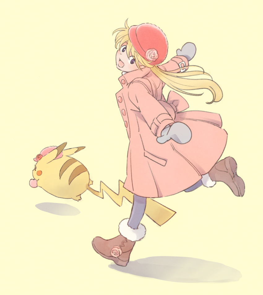 1girl :d bangs blonde_hair boots brown_footwear buttons coat commentary_request eyebrows_visible_through_hair flower grey_mittens grey_pants hat hat_flower hatted_pokemon highres leg_up long_hair long_sleeves open_mouth pants pikachu pink_coat pink_flower pink_headwear pokemon pokemon_(creature) pokemon_adventures sannomushi smile standing standing_on_one_leg yellow_(pokemon)