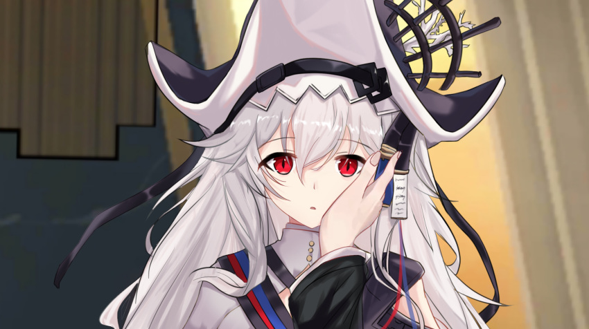 1girl 1other arknights bangs black_headwear clothing_cutout doctor_(arknights) eyebrows_visible_through_hair grey_hair hair_between_eyes hand_on_another's_cheek hand_on_another's_face highres long_hair long_sleeves long_wuxian looking_at_viewer parted_lips pov red_eyes shoulder_cutout solo_focus specter_(arknights) upper_body