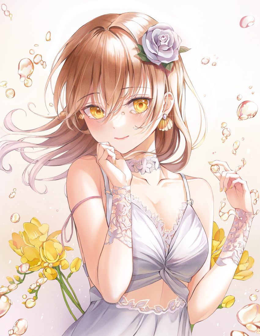 1girl absurdres bangs breasts brown_hair closed_mouth collarbone dress earrings flower freesia_(flower) hair_between_eyes hair_flower hair_ornament hands_up highres jewelry lime_namu looking_at_viewer medium_breasts original solo white_dress yellow_eyes