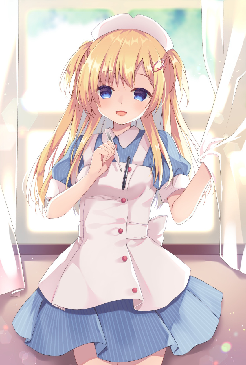 1girl :d apron bangs blonde_hair blue_dress blue_eyes blurry blurry_background breasts collared_dress commentary_request curtains day depth_of_field dress eyebrows_visible_through_hair hat highres holding indoors long_hair looking_at_viewer nurse nurse_cap original parted_bangs pleated_dress purinpurin small_breasts smile solo striped striped_dress sunlight thermometer two_side_up vertical-striped_dress vertical_stripes white_apron white_headwear window wing_hair_ornament