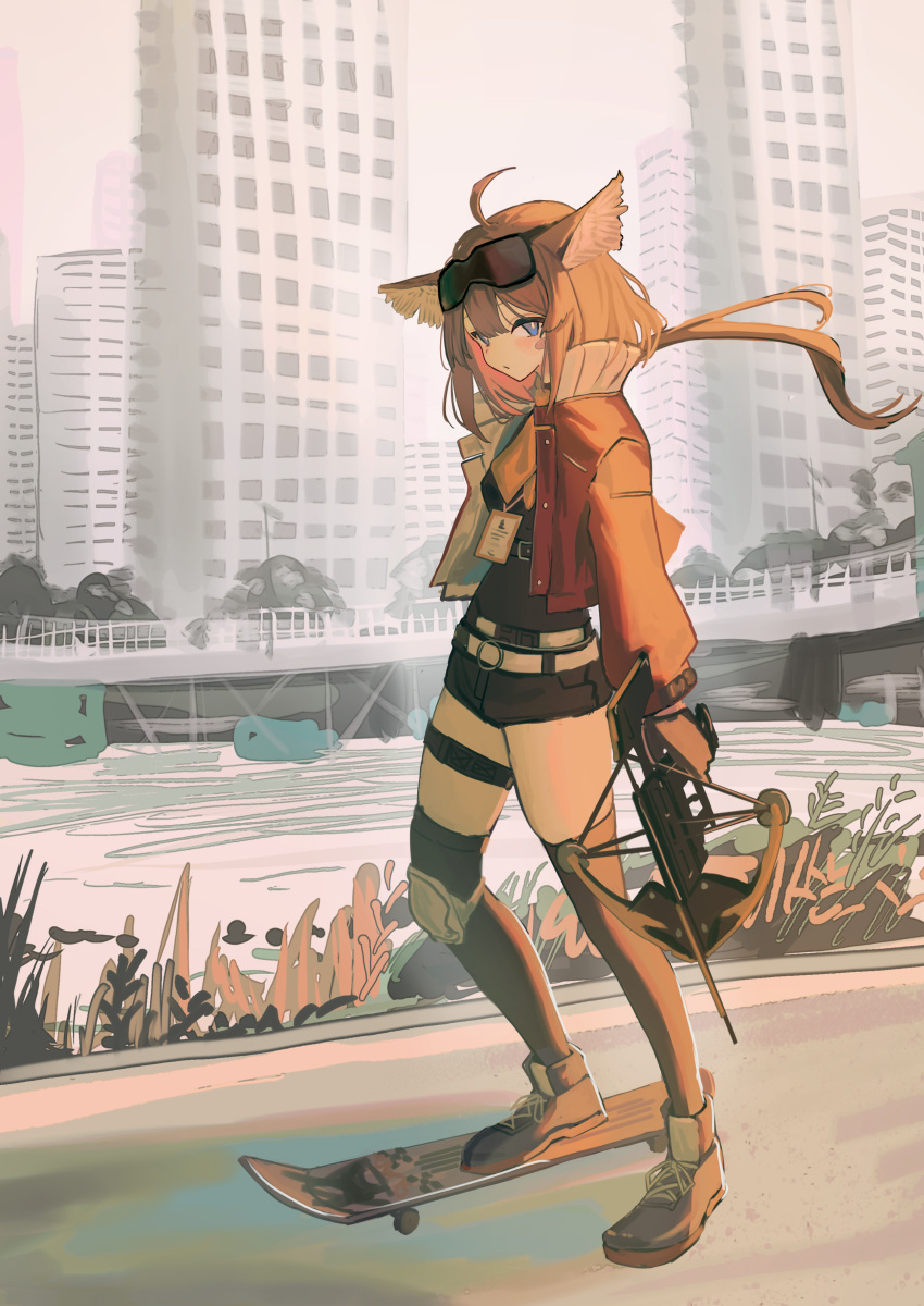 1girl absurdres aciddrop_(arknights) ahoge animal_ears arknights bandaid bandaid_on_face bird_ears black_legwear black_shirt black_shorts blue_eyes brown_hair city closed_mouth crossbow day full_body goggles goggles_on_head highres holding holding_weapon id_card jacket knee_pads long_hair long_sleeves looking_at_viewer low_ponytail natsuba002 necktie open_clothes open_jacket orange_necktie outdoors red_jacket river shirt short_shorts shorts skateboard solo standing thigh_strap thighhighs weapon