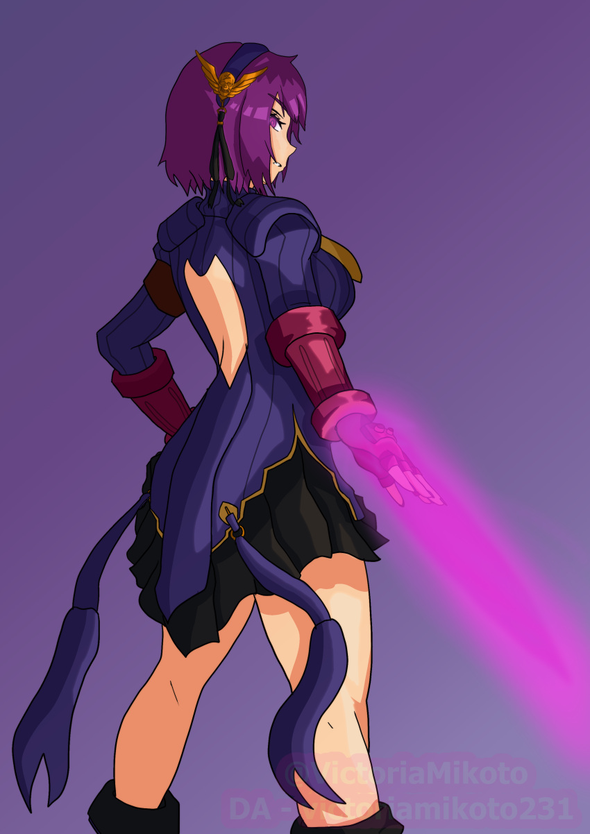 1girl absurdres asamiya_athena bodysuit boots corruption crossover dress energy_sword gauntlets hairband highres leather leather_boots mind_control nail_polish necktie non-web_source purple_eyes purple_hair shadaloo shadaloo_dolls skirt street_fighter sword the_king_of_fighters weapon