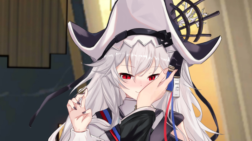 1girl 1other arknights bangs black_headwear black_nails blush closed_mouth clothing_cutout doctor_(arknights) eyebrows_visible_through_hair fingernails grey_hair hair_between_eyes hand_on_another's_cheek hand_on_another's_face highres long_fingernails long_hair long_sleeves long_wuxian looking_at_viewer nail_polish nose_blush pov red_eyes shoulder_cutout smile solo_focus specter_(arknights) upper_body