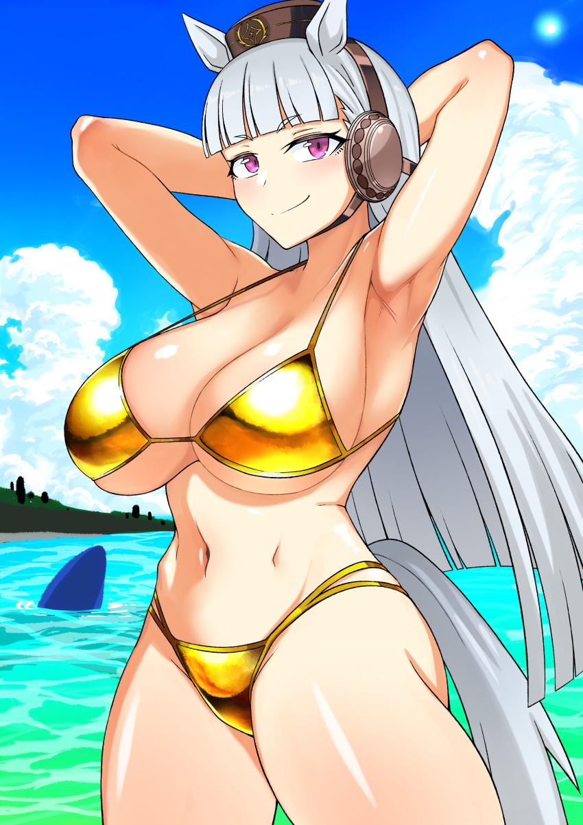 1girl absurdres animal_ears armpits arms_behind_head arms_up ass bangs bare_shoulders bikini blunt_bangs blush breasts brown_headwear cleavage cloud cloudy_sky commentary_request cowboy_shot eyebrows_visible_through_hair gold_bikini gold_ship_(umamusume) halterneck harness hat highleg highleg_bikini highres hime_cut horse_ears horse_girl horse_tail huge_breasts long_hair looking_at_viewer navel outdoors pink_eyes shark_fin shiny shiny_skin sideboob sky smile solo strap_gap string_bikini swimsuit tail thighs umamusume underboob v-shaped_eyebrows very_long_hair water white_hair zasshu_nigou