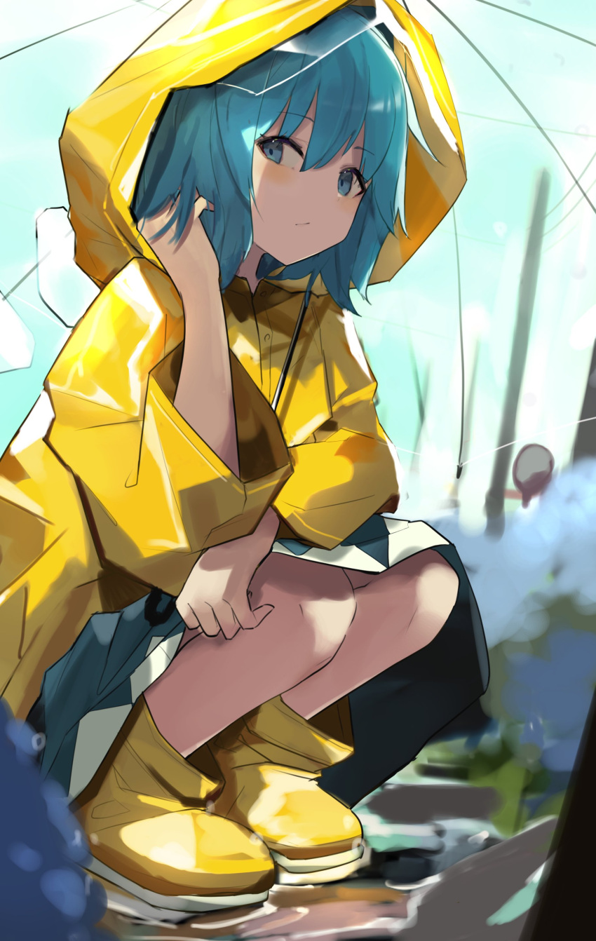 1girl :/ absurdres bangs blue_eyes blue_hair blush boots cirno closed_mouth day expressionless eyebrows_visible_through_hair hair_between_eyes hand_up highres hood hood_up jacket kurowa_(curowa) long_sleeves outdoors rain rain_boots raincoat rubber_boots see-through short_hair shorts solo squatting touhou transparent transparent_umbrella umbrella yellow_footwear yellow_jacket