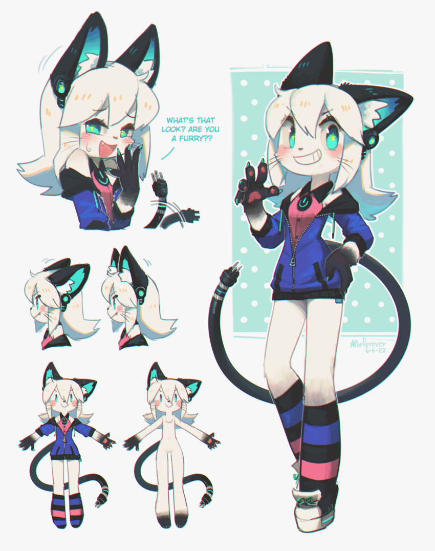 1girl :d absurdres animal_ear_fluff animal_ears animal_hands animal_nose aqua_eyes bangs blue_jacket blush cat_ears cat_girl claws commentary digitan_(porforever) drawstring electric_plug english_commentary fang fang_out furrification furry furry_female grin hair_between_eyes hand_on_hip headphones highres hood hood_down hooded_jacket jacket kneehighs long_hair long_sleeves looking_at_viewer making-of_available multiple_views open_mouth original partially_unzipped pawpads porforever power_symbol simple_background smile star-shaped_pupils star_(symbol) striped striped_legwear symbol-shaped_pupils tail tail_wagging whiskers white_background white_hair
