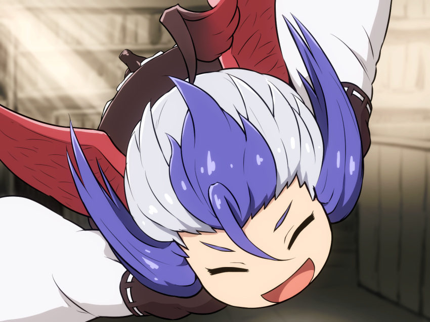 1girl :d ahoge blue_hair blurry blurry_background closed_eyes commentary facing_viewer flying head_wings indoors multicolored_hair shirosato smile solo tokiko_(touhou) touhou two-tone_hair white_hair wide_sleeves wings